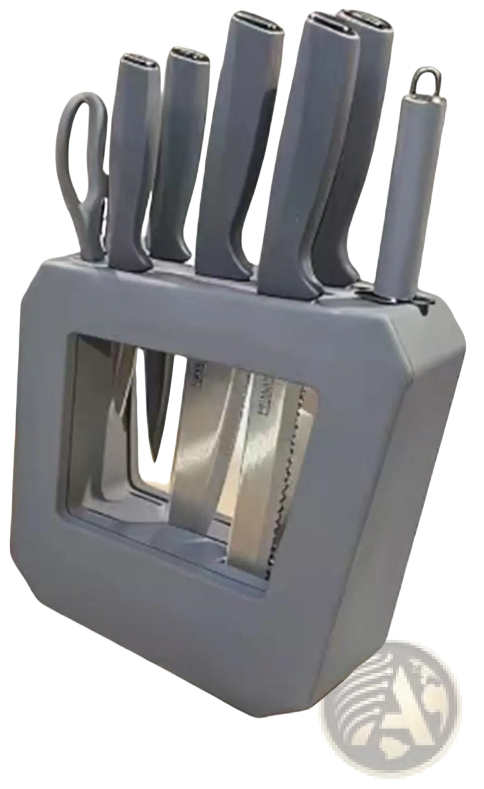 Gray plastic knife block with matching gray-handled kitchen knives featuring modern stainless steel blades
