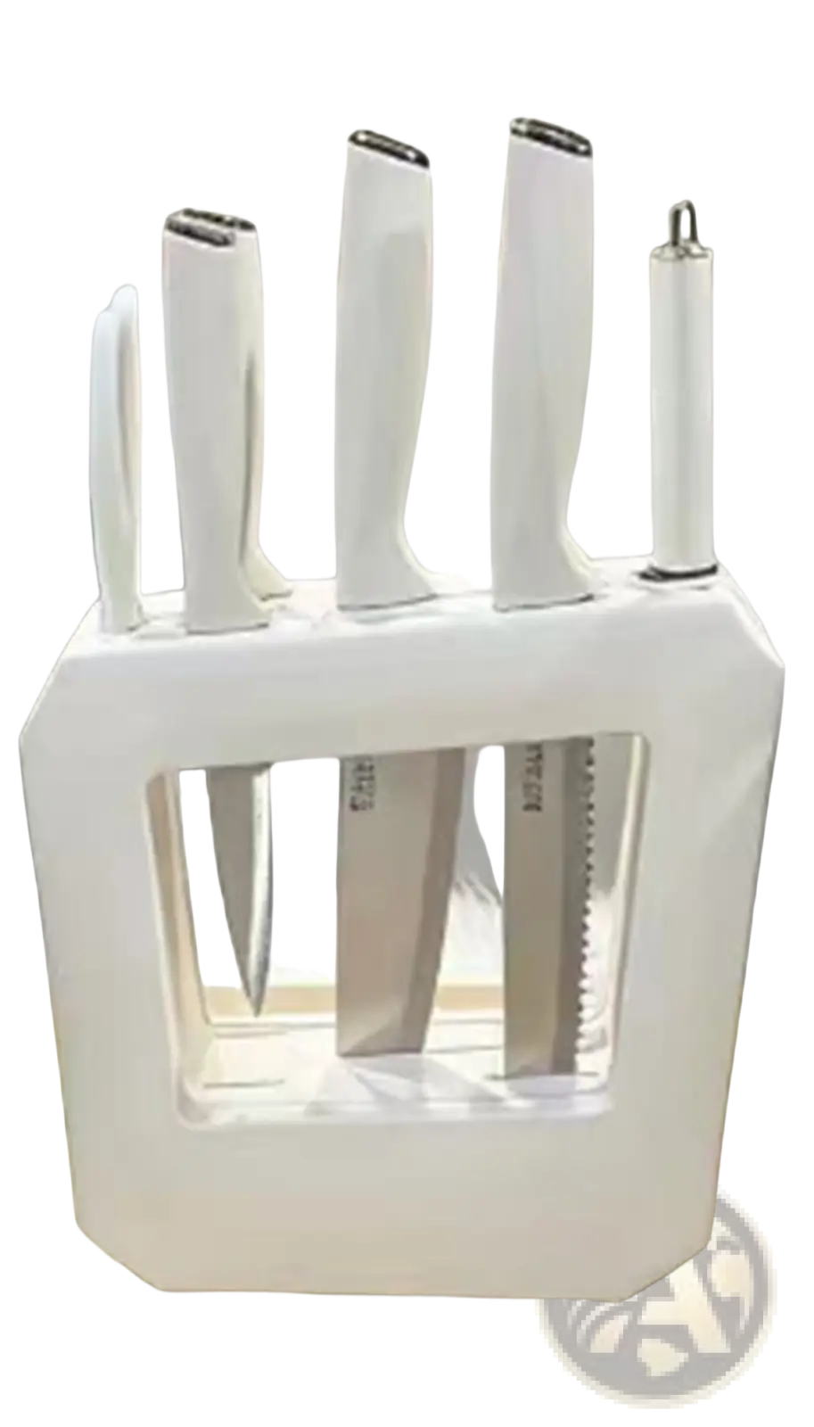 White ceramic knife block holding a kitchenware knife set with modern stainless steel blades and sleek handles