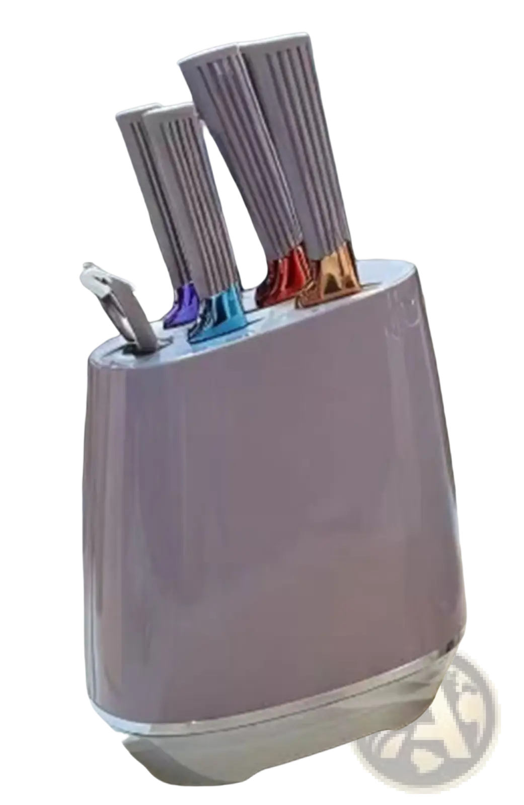 A modern lavender knife block with metallic base holds four knives with striped handles in purple blue red and gold