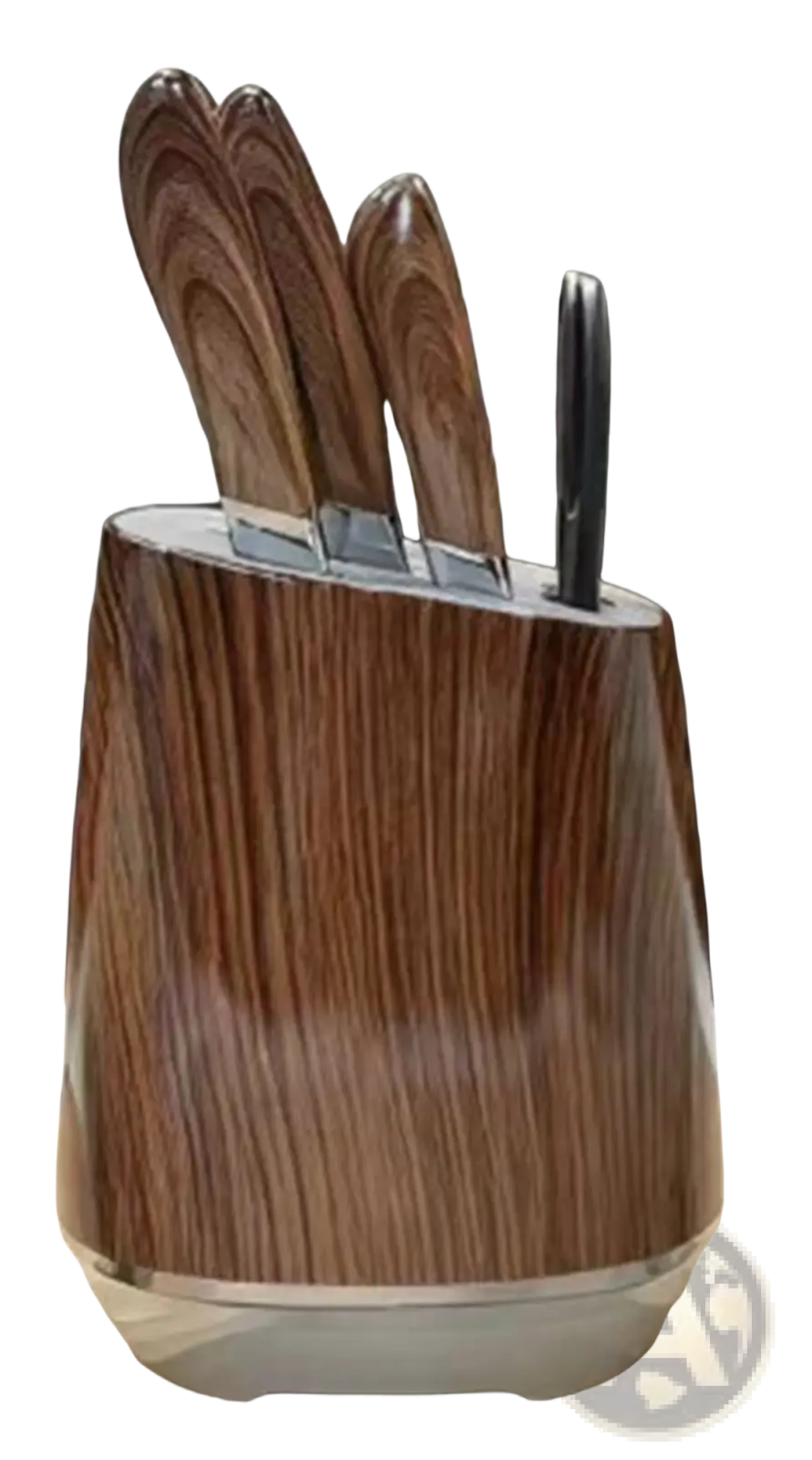 Kitchenware knife set with modern stainless steel blades in a wood-grain knife block with sleek metallic accents