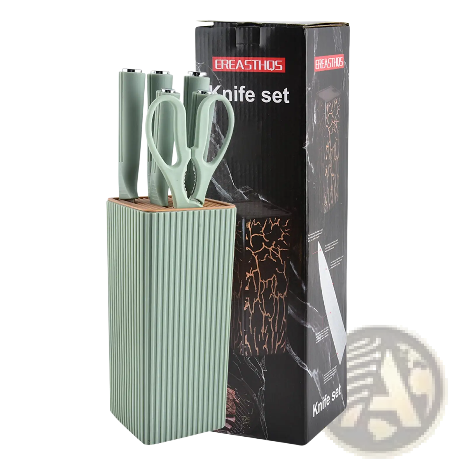 Kitchenware knife set with modern stainless steel blades in a mint green ribbed ceramic block with matching knives and scissors