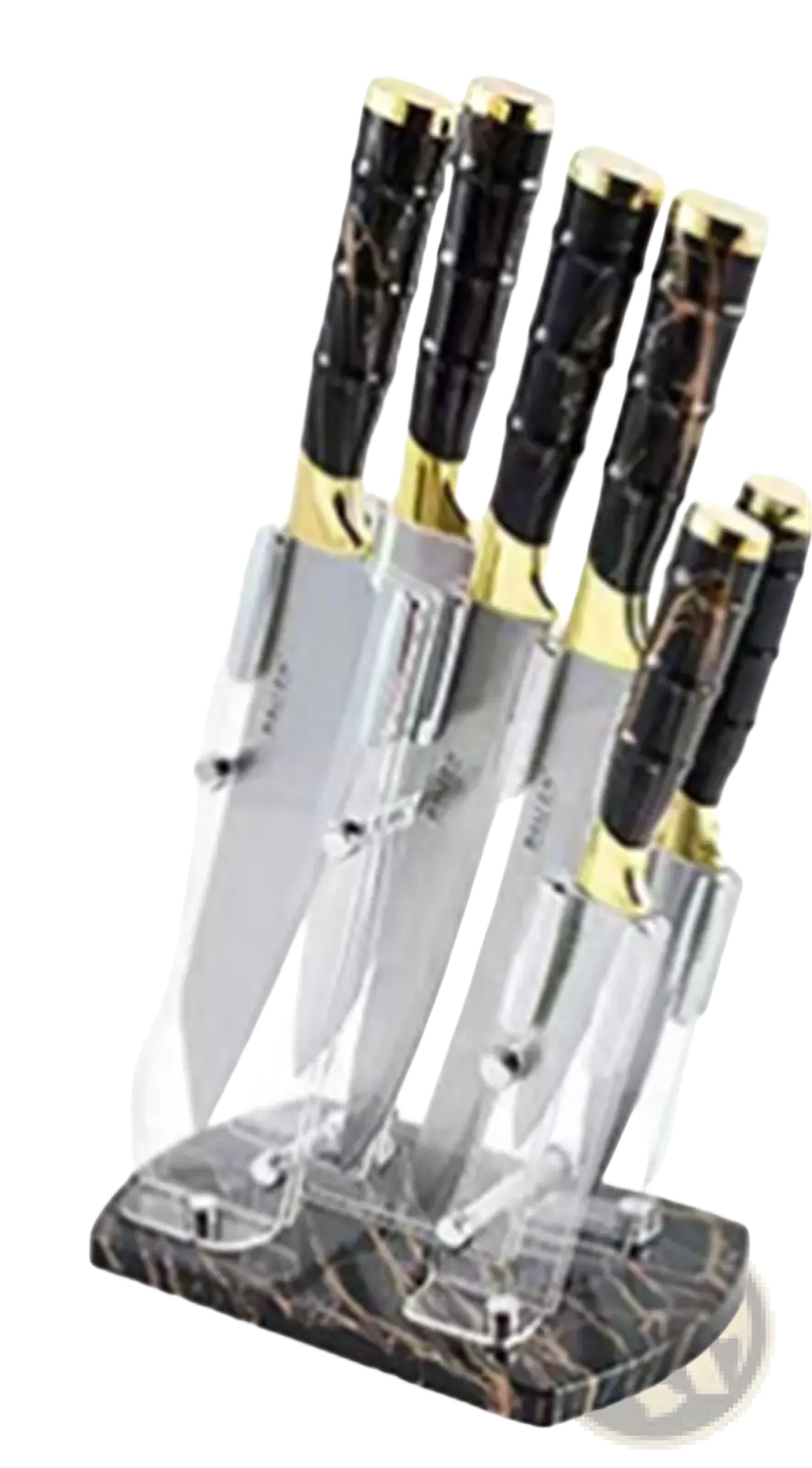 Set of six kitchenware knives with black marble patterned handles gold accents stainless steel blades in acrylic stand