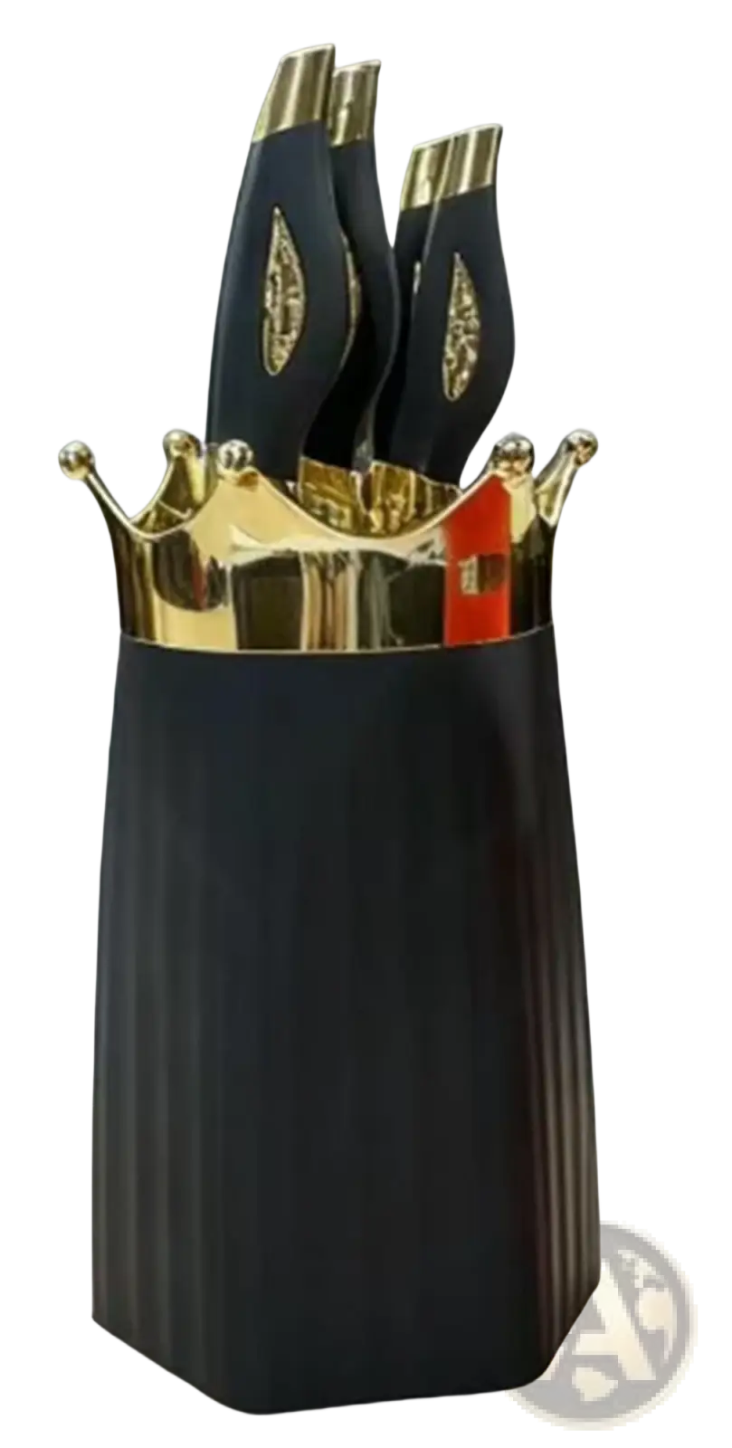 Black and gold crown-shaped knife block with ornate handles featuring modern stainless steel blades kitchenware set