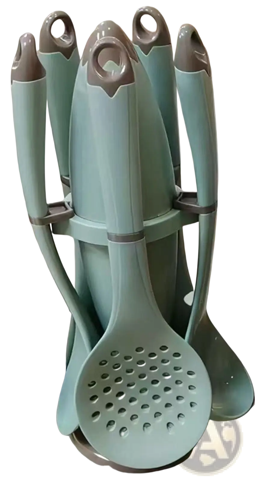 Set of light teal plastic kitchen utensils with gray handles and a matching stand for modern stainless steel blades