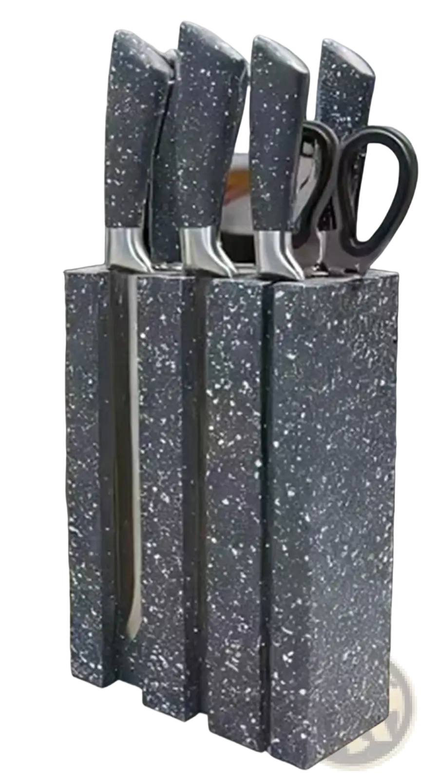 Gray speckled ceramic knife block holding four knives and kitchen shears with modern stainless steel blades