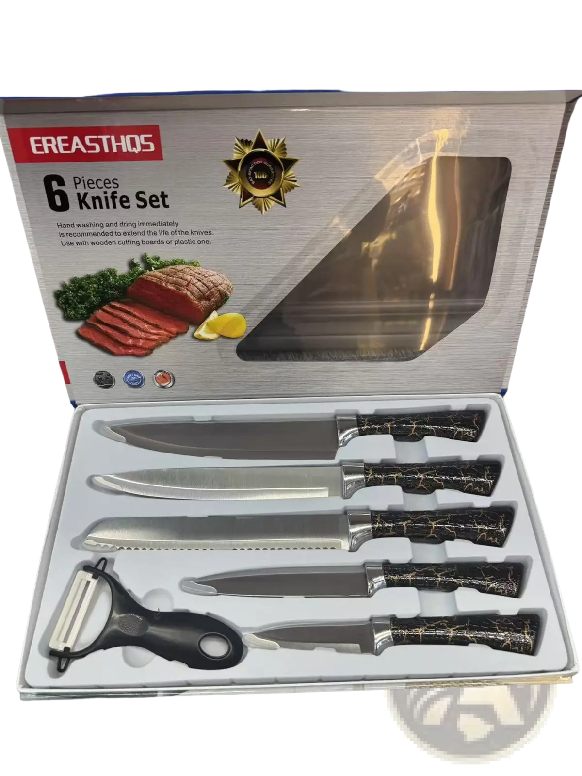 Six-piece kitchenware knife set with black handles featuring gold crackle design and stainless steel blades in packaging