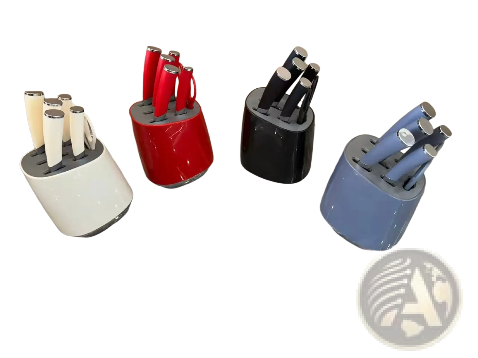 Kitchenware knife set with modern stainless steel blades featuring four knife blocks in white red black and blue
