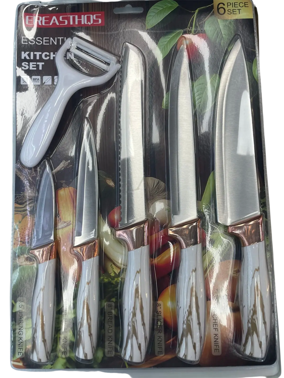 Six-piece kitchenware knife set with modern stainless steel blades rose gold and white handles including peeler