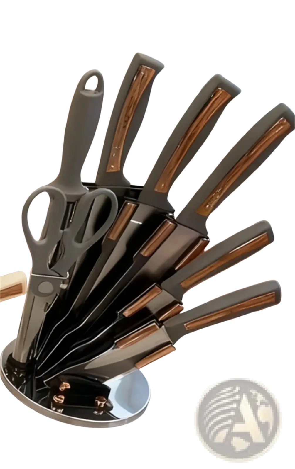 Modern kitchenware knife set with stainless steel blades gray and copper accents in a circular magnetic stand