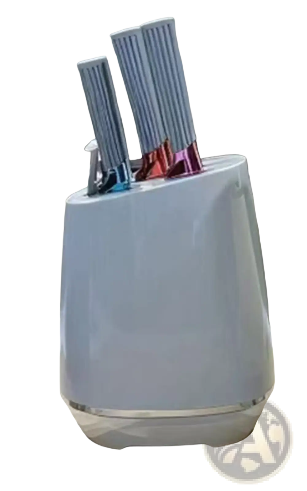 White ceramic knife block with three modern stainless steel knives featuring blue pink and silver striped handles