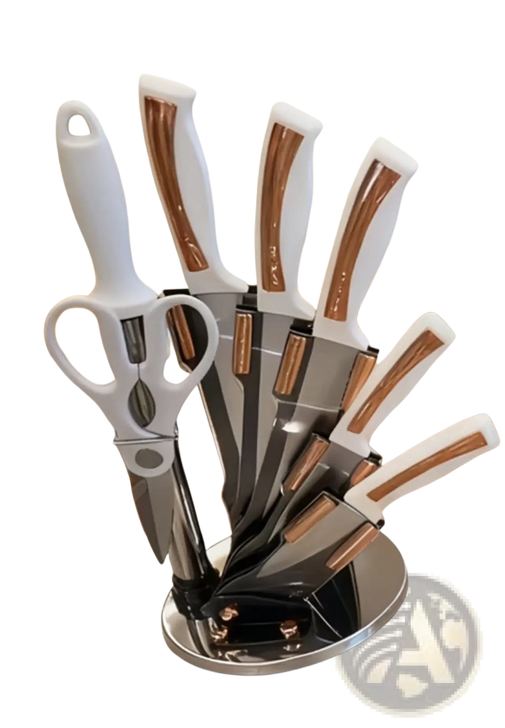 Kitchenware knife set with modern stainless steel blades white and rose gold handles in a sleek chrome base