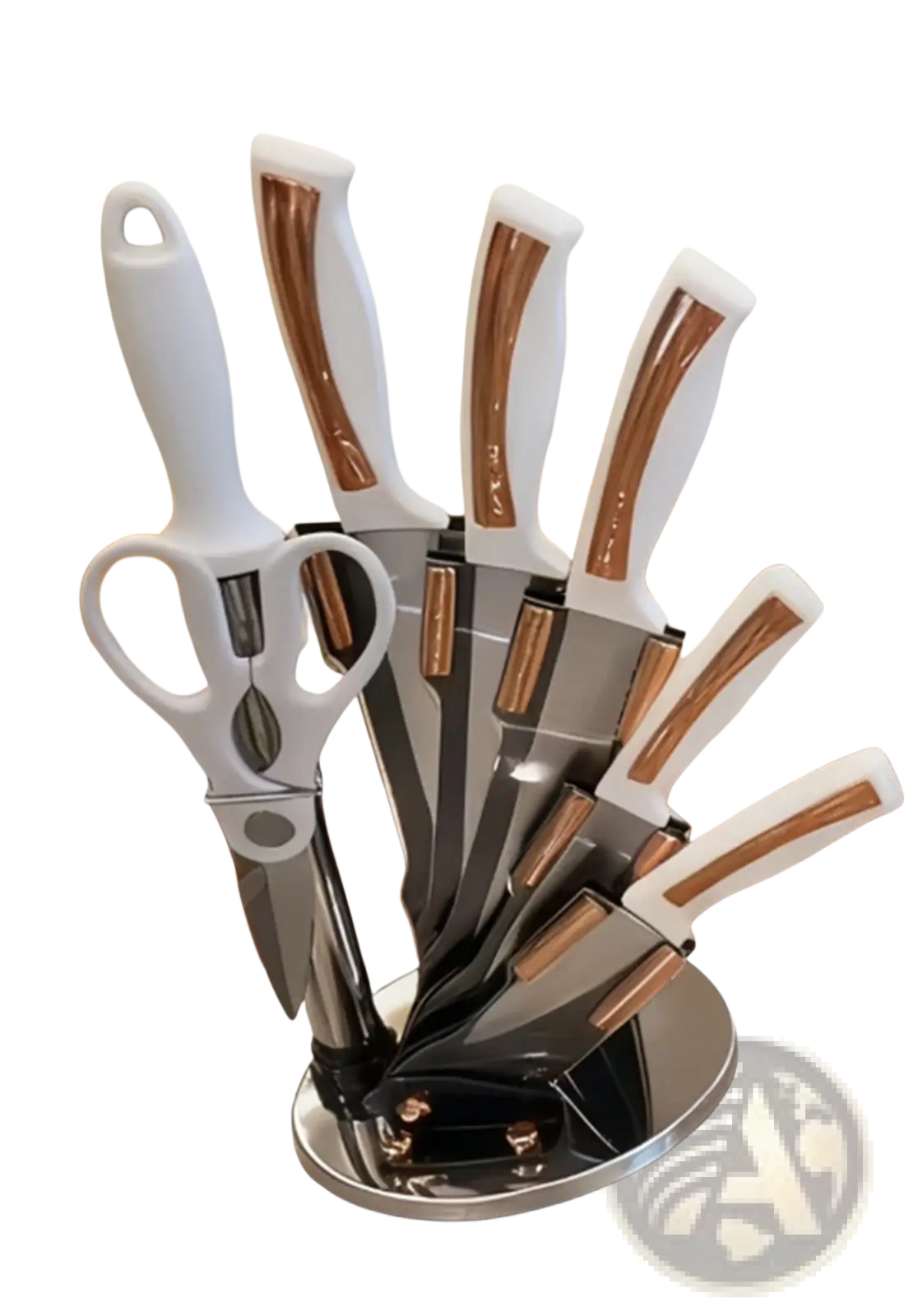 Kitchenware knife set with modern stainless steel blades white and rose gold handles in a sleek chrome base