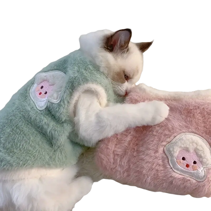 Fluffy mint green and pink plush kittens clothes fuzzy winter sweater with cute cloud-shaped pig patches for cats accessories