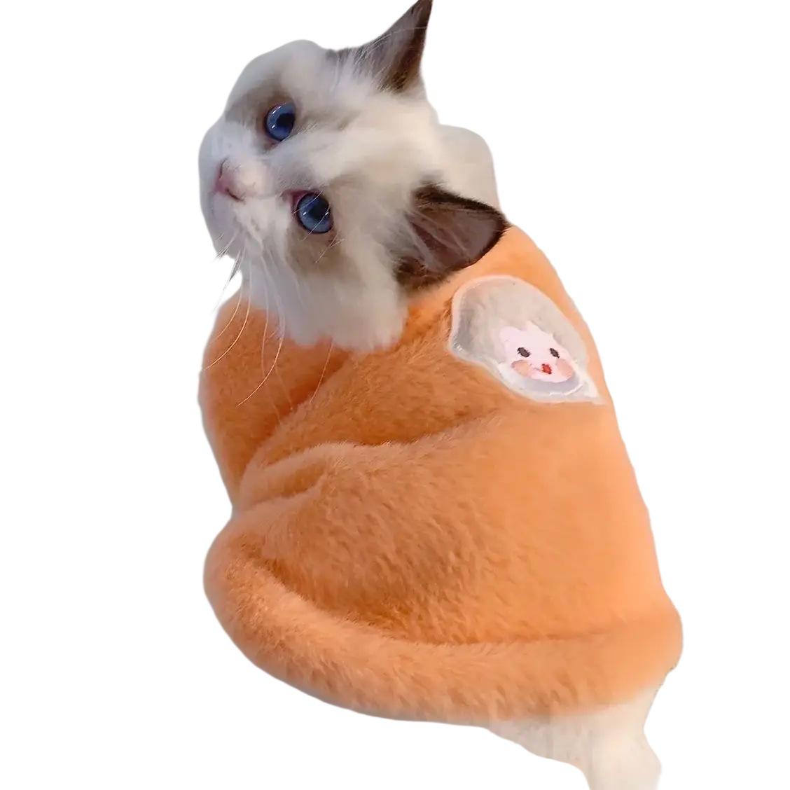 Orange fluffy cat sweater with cute embroidered mouse patch made of fuzzy material for kittens clothes and cats accessories