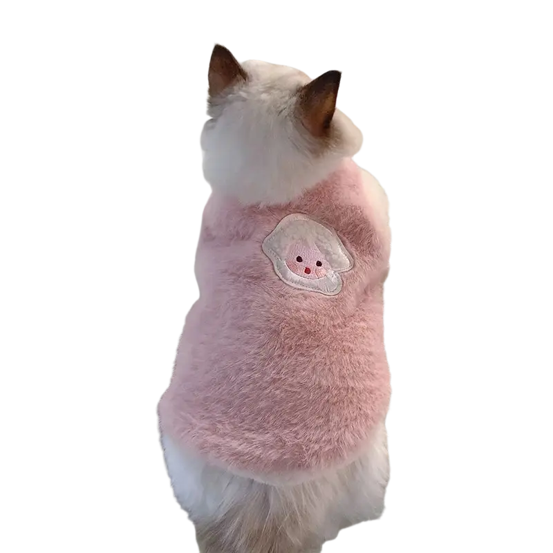 Pink fluffy cat sweater with a cute embroidered mushroom patch for kittens clothes and cats accessories