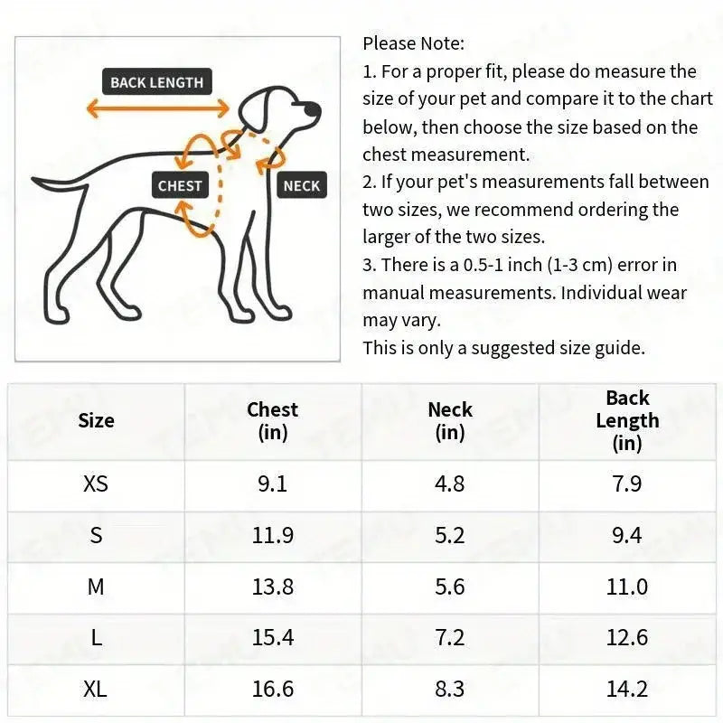 Size chart for kittens clothes fuzzy winter sweater with cute pig appliqué showing chest neck and back length in inches for cats accessories