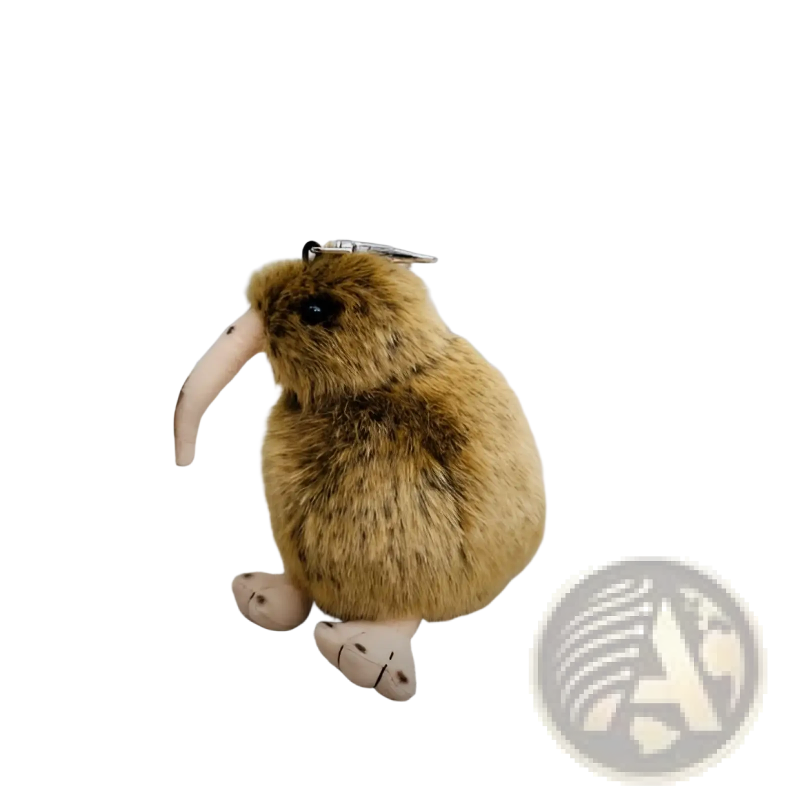 A plush kiwi bird keychain soft stuffed animal with brown fur, long beige beak, and small feet