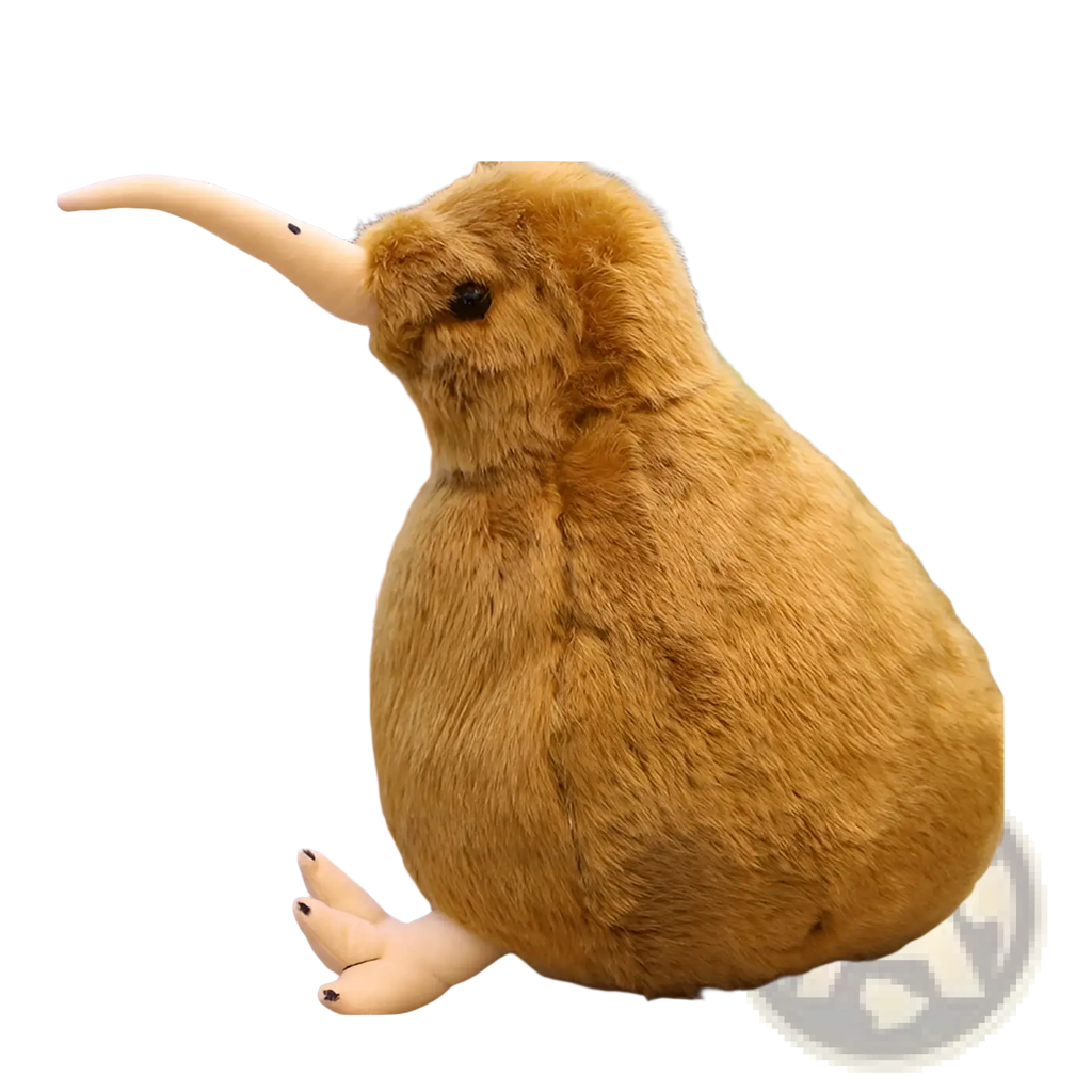 A plush kiwi bird keychain soft stuffed animal with brown fur, long beige beak, and white feet