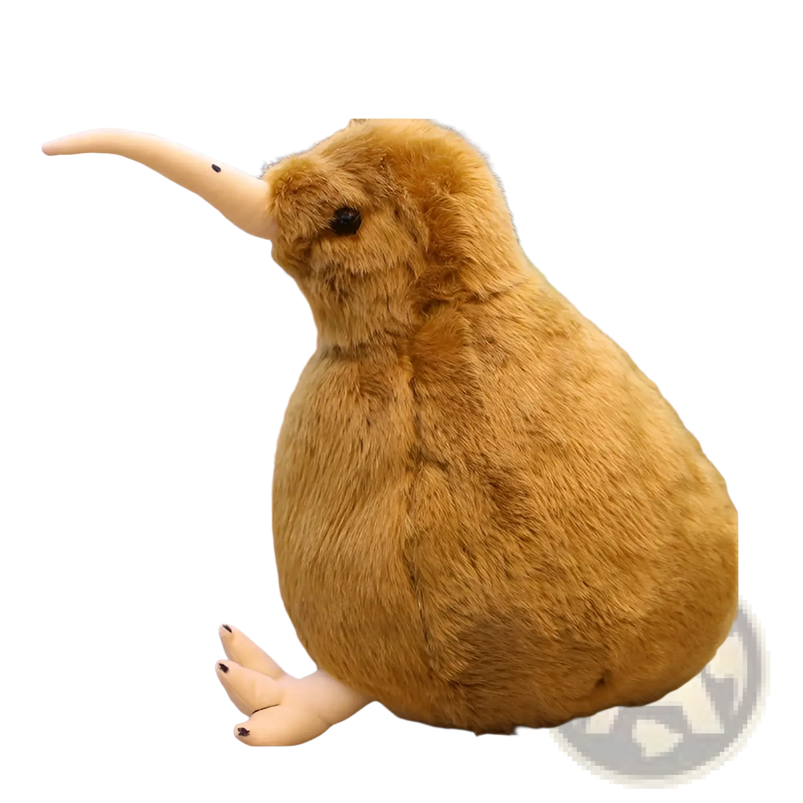 A plush kiwi bird keychain soft stuffed animal with brown fur, long beige beak, and white feet