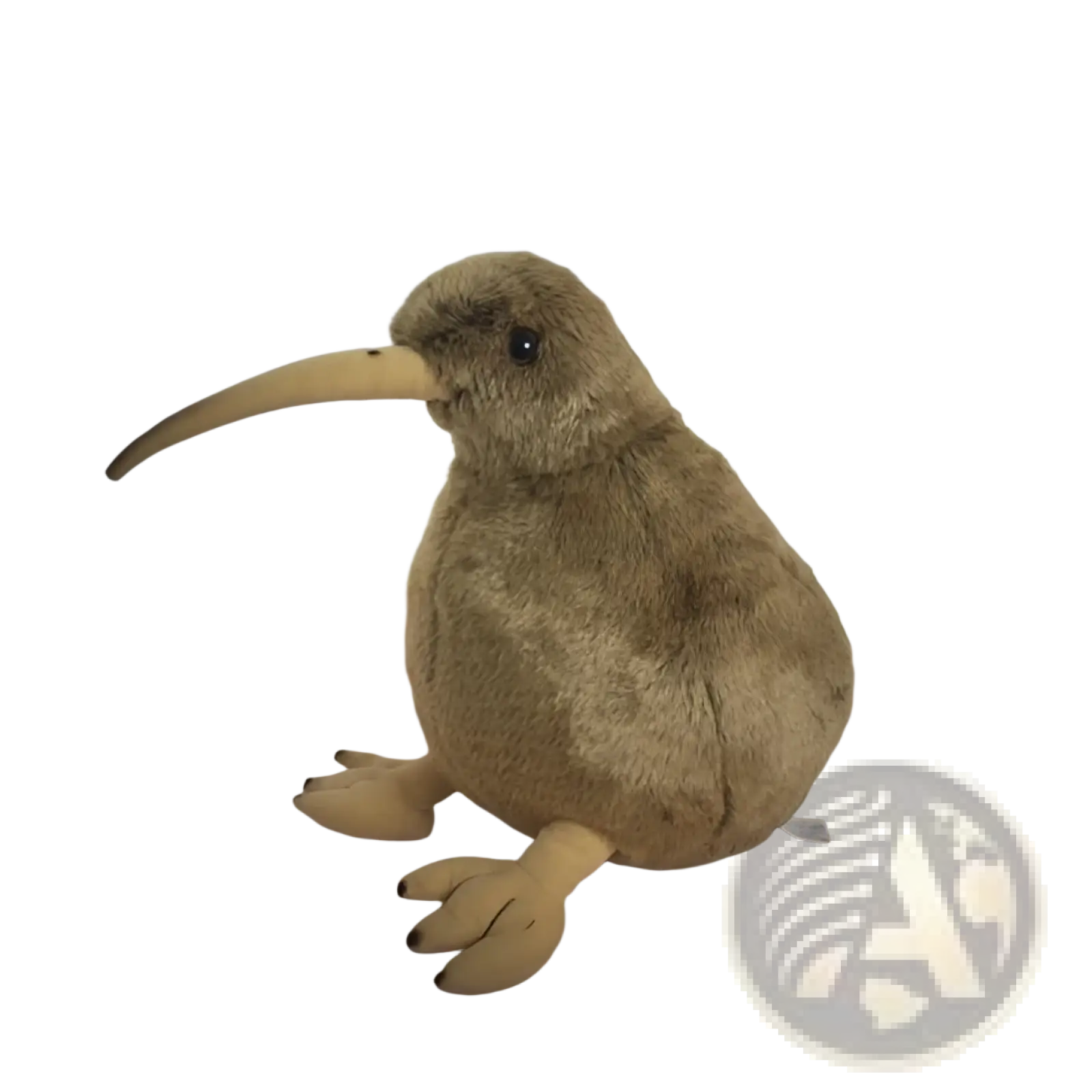 Kiwi bird plush toy soft stuffed animal keychain with brown fur, long curved beak, and yellow feet made of plush material