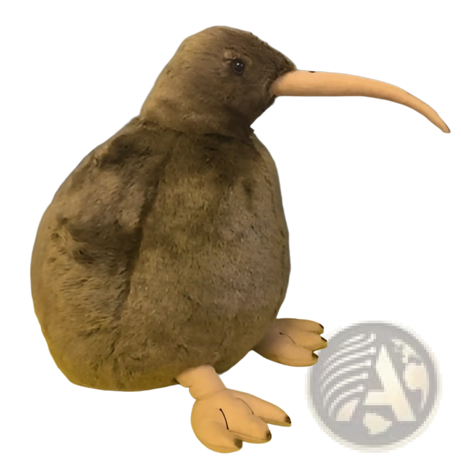 A plush kiwi bird toy with brown fur, a long beige beak, and pink feet soft stuffed animal keychain