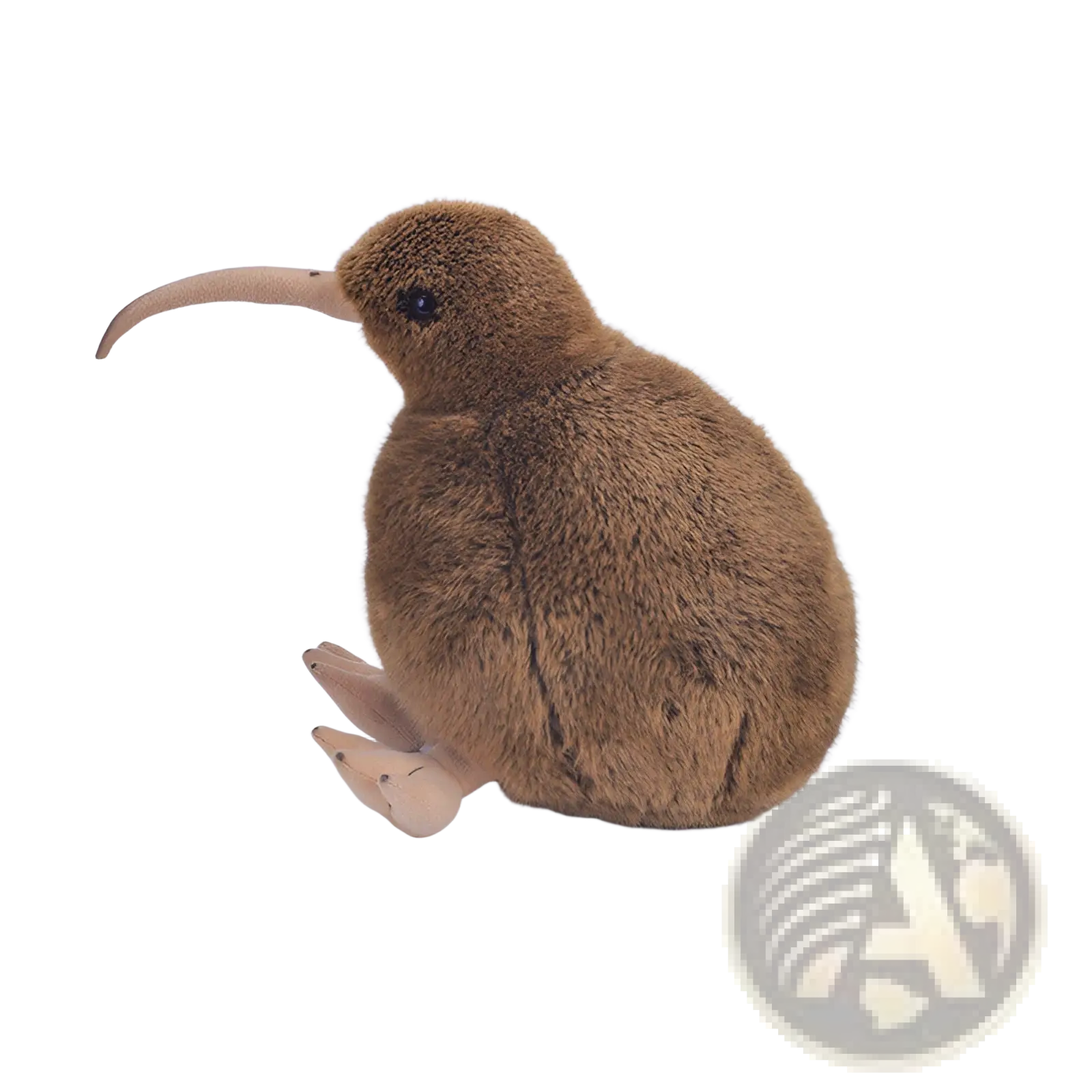 A plush kiwi bird soft stuffed animal keychain with brown fur, beige curved beak, and light-colored feet