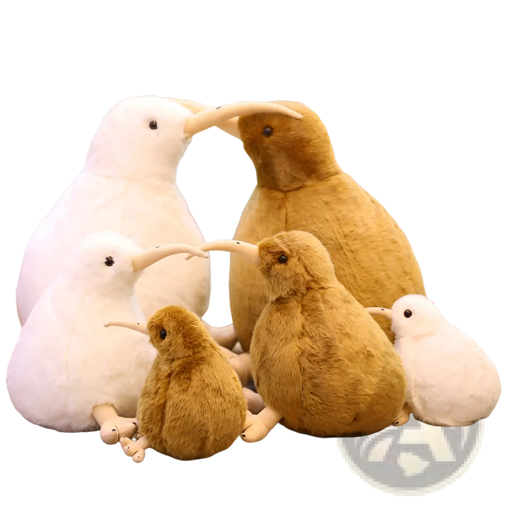 Kiwi bird plush toy keychain with soft white and brown fur and long beaks made of stuffed animal material