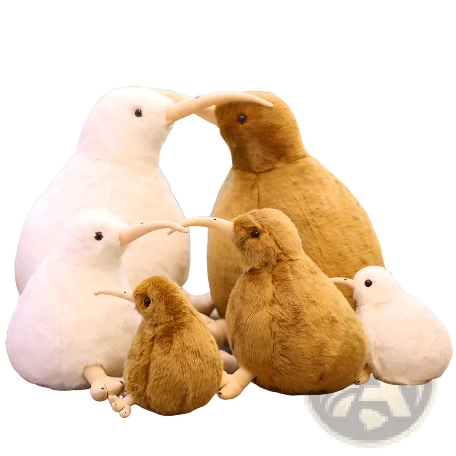 Kiwi bird plush toy keychain with soft white and brown fur and long beaks made of stuffed animal material