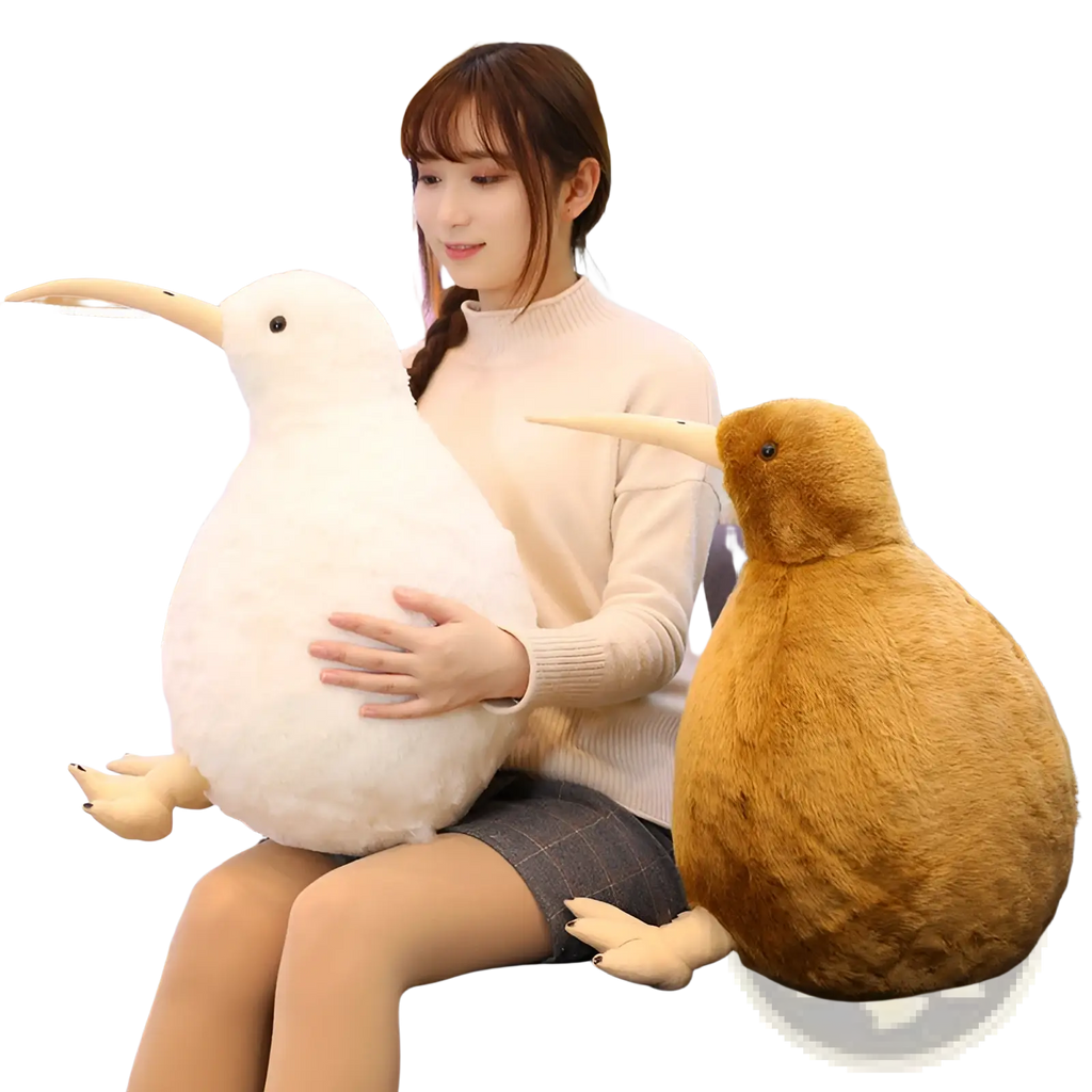 Plush kiwi bird plush toy keychain with soft white and brown fur long beak and tiny feet stuffed animal