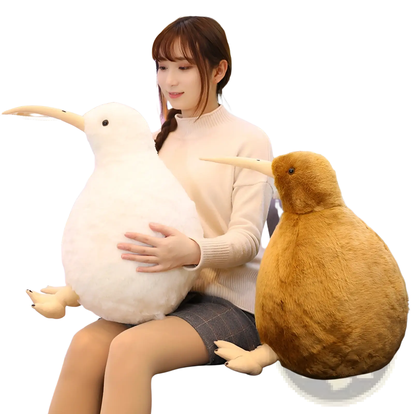 Plush kiwi bird plush toy keychain with soft white and brown fur long beak and tiny feet stuffed animal