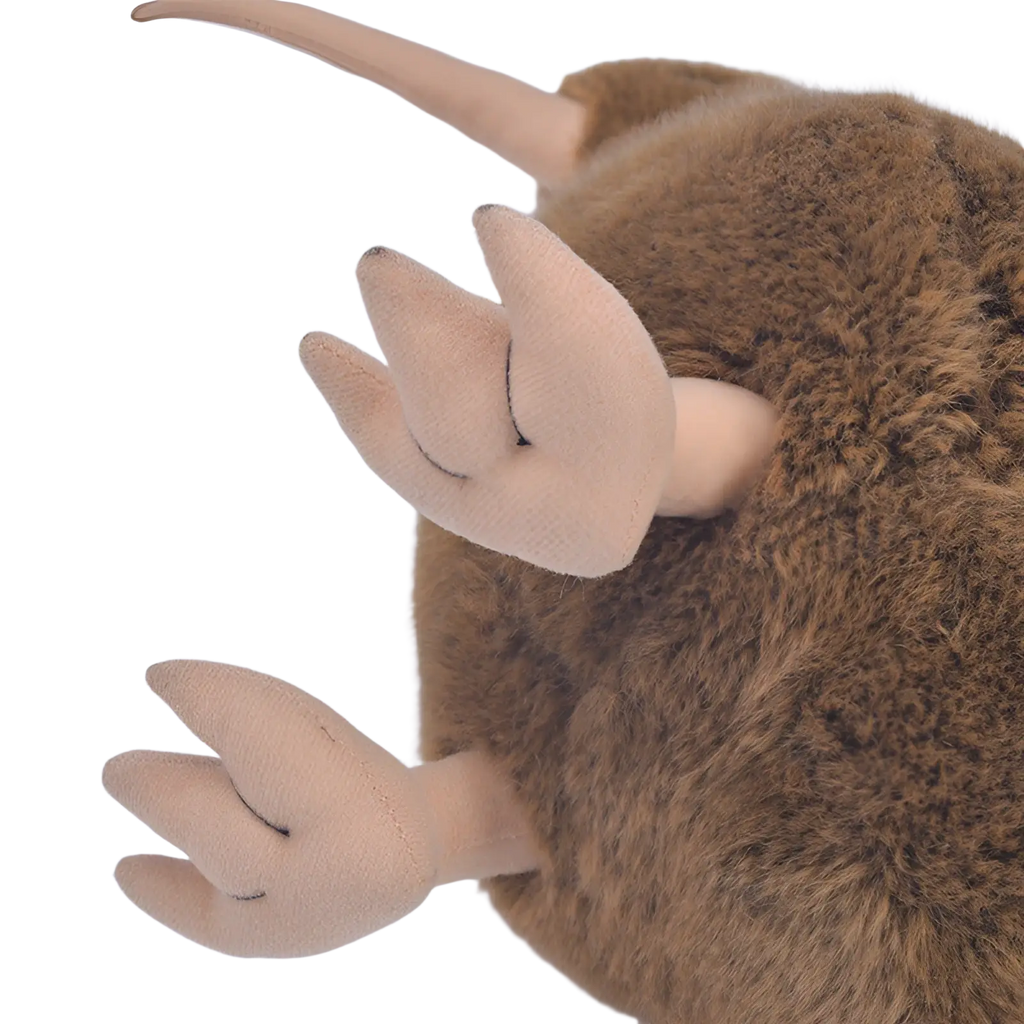 A soft stuffed kiwi bird plush toy keychain with brown fuzzy fur and beige paws featuring stitched details