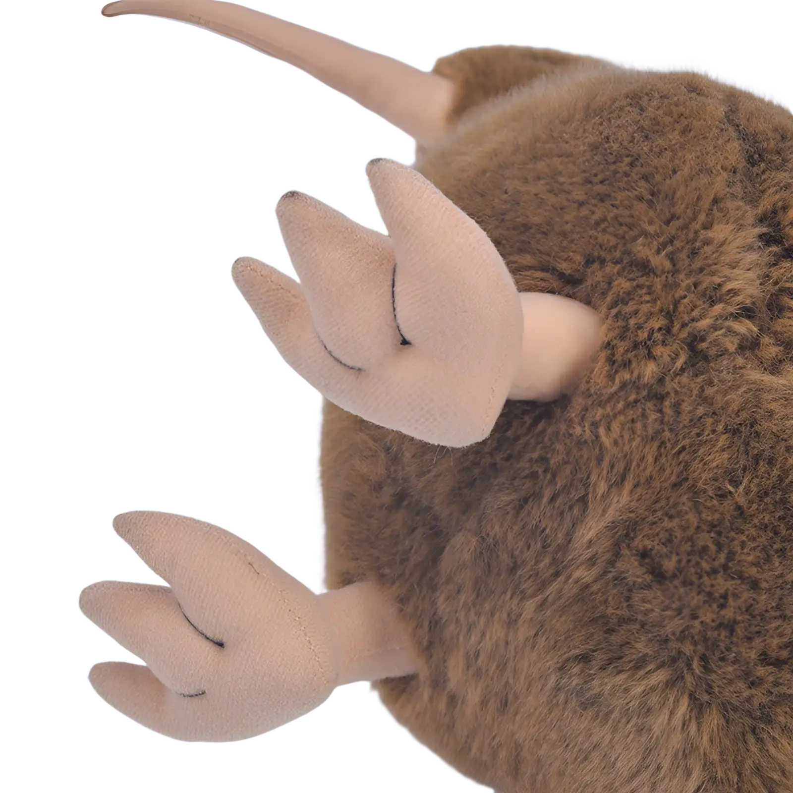 A soft stuffed kiwi bird plush toy keychain with brown fuzzy fur and beige paws featuring stitched details