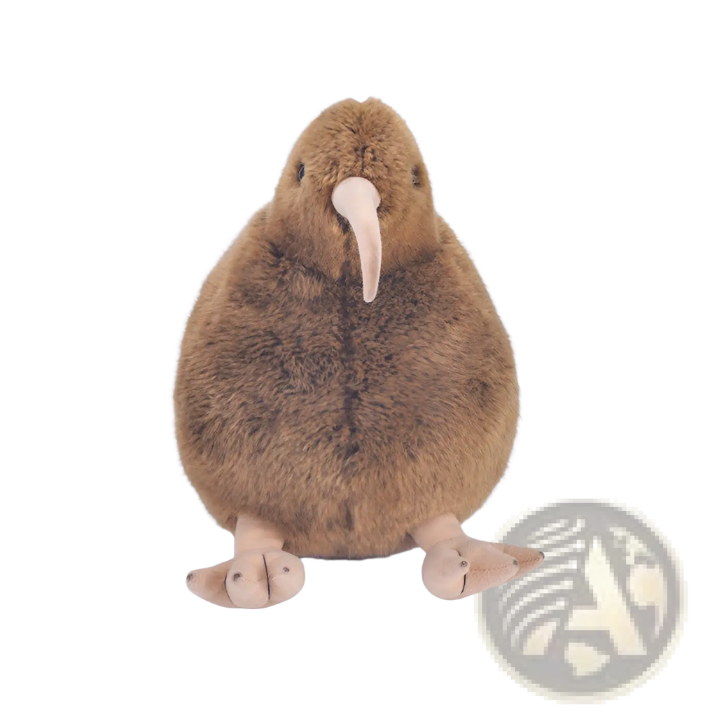 Kiwi bird plush toy keychain with soft brown fur long pale beak and light beige feet stuffed animal