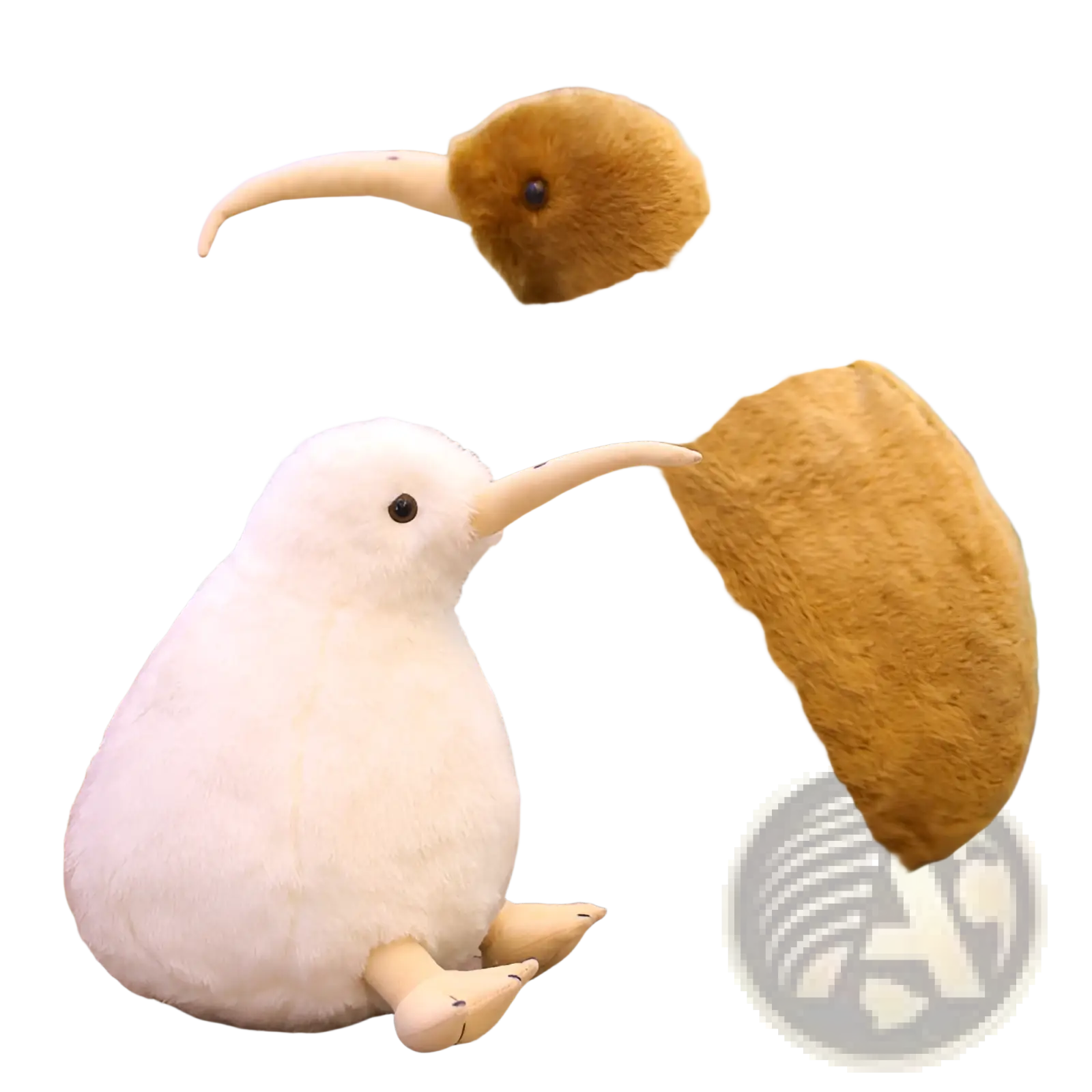 Soft plush kiwi bird stuffed animal keychain in white and brown with long curved beaks made of soft material