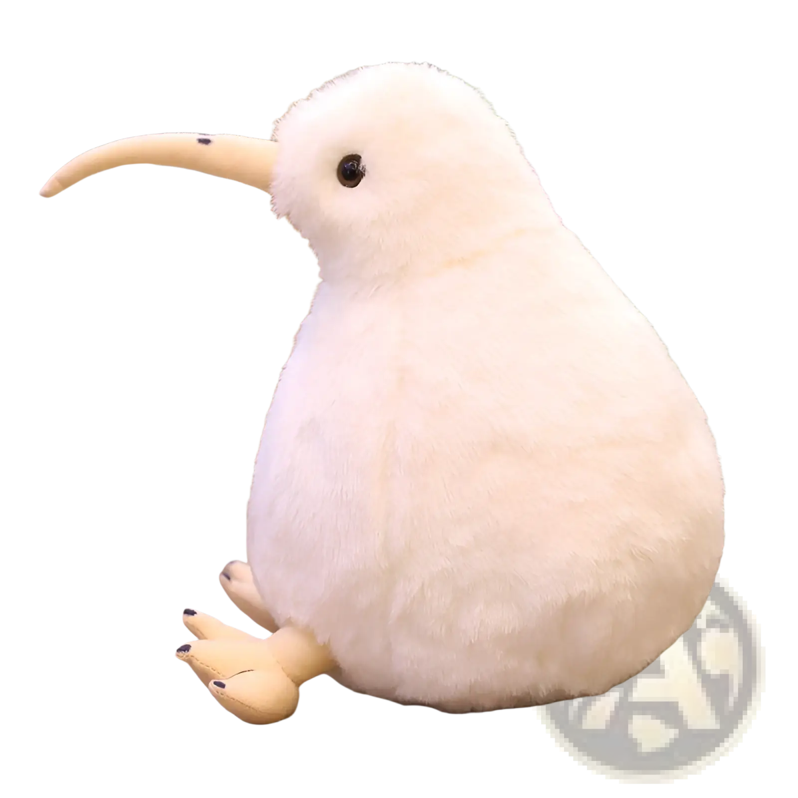 A plush white kiwi bird soft stuffed animal toy with a long beige beak and black eyes on a wooden floor