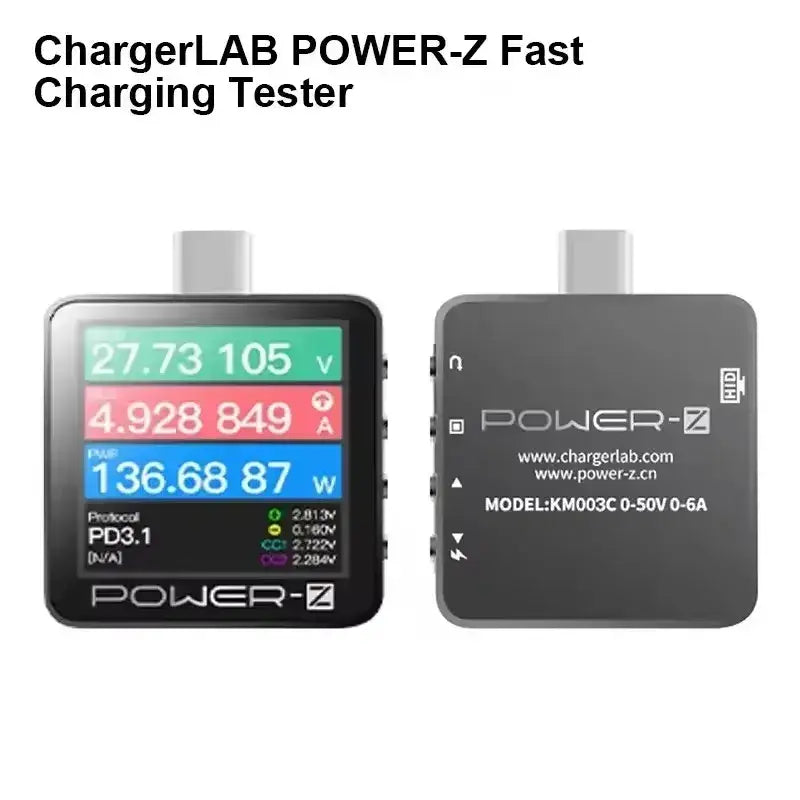 Km003c chargerlab usb pd3.1 power tester black with protocol pps 50v digital display showing voltage current and power