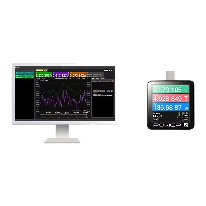 Black rectangular km003c chargerlab usb pd3.1 power tester with colorful digital display showing voltage current and wattage readings protocol pps 50v