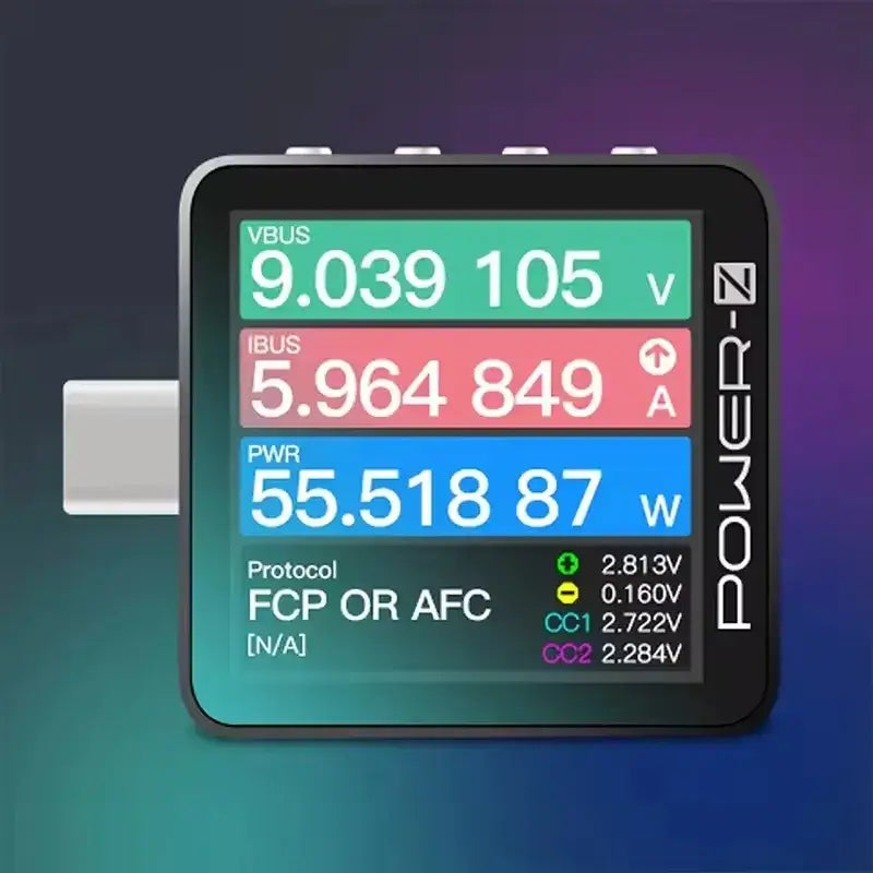 Black km003c chargerlab usb pd3.1 power tester with digital display showing voltage current wattage and protocol pps 50v readings