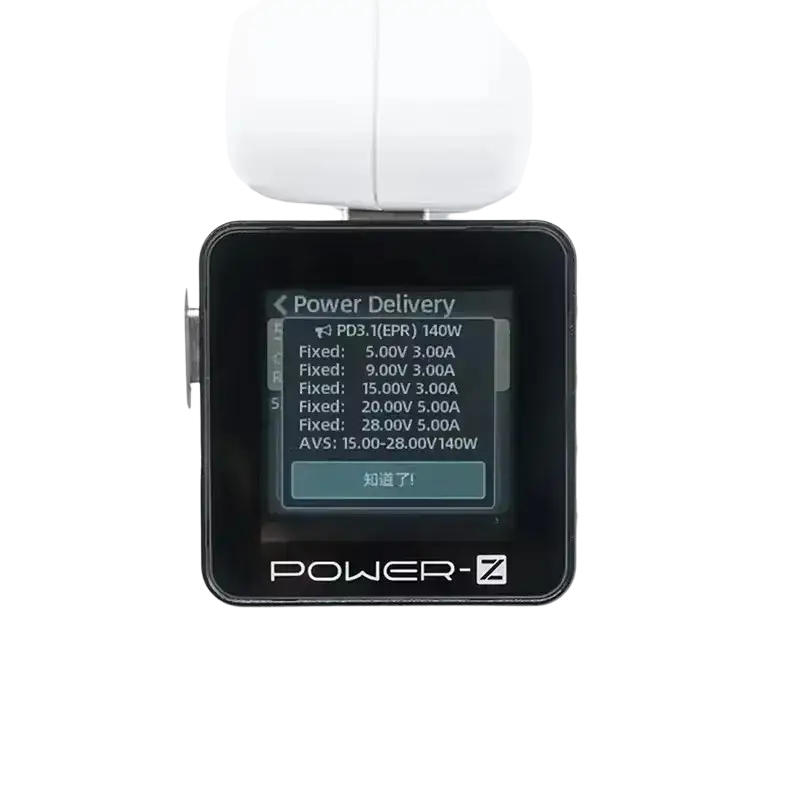Black km003c chargerlab usb pd3.1 power tester with protocol pps 50v display and white charging cable attached