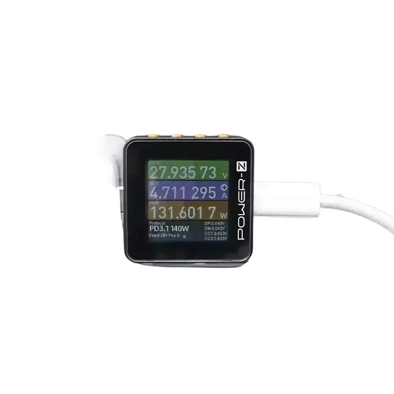 Black km003c chargerlab usb pd3.1 power tester featuring a digital display with protocol pps 50v voltage current wattage readings