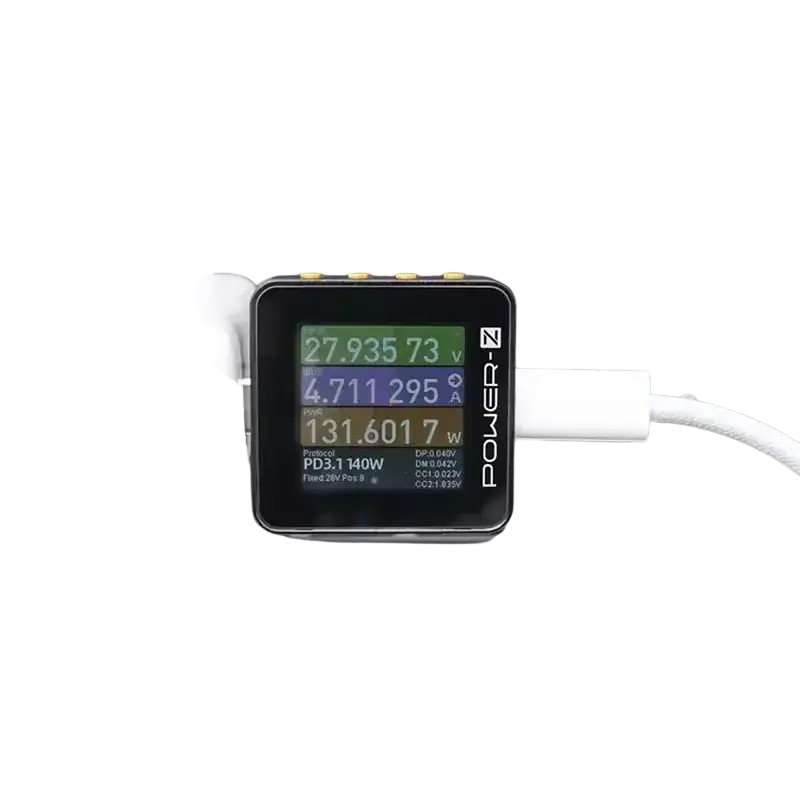 Black km003c chargerlab usb pd3.1 power tester displaying real-time voltage current wattage with protocol pps 50v