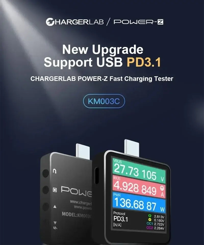 Black km003c chargerlab usb pd3.1 power tester displaying colorful usb pd3.1 and protocol pps 50v metrics on screen