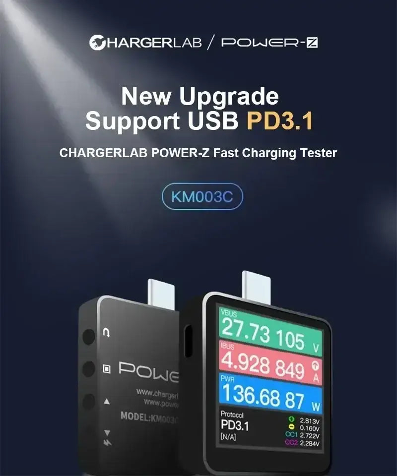 Black chargerlab km003c usb pd 3.1 power tester displaying colorful protocol pps 50v fast charging metrics on digital screen