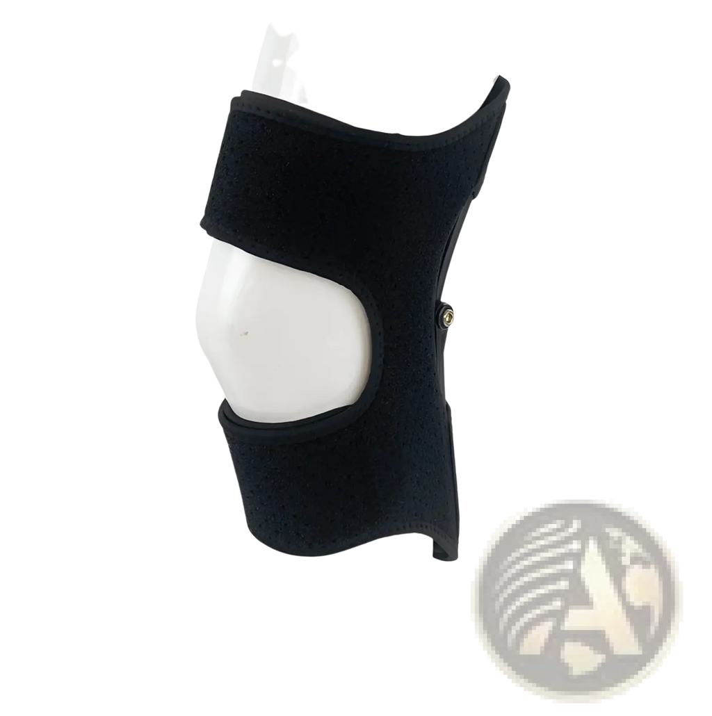 Black neoprene knee booster support with adjustable straps and metal buckle designed for climbing and running