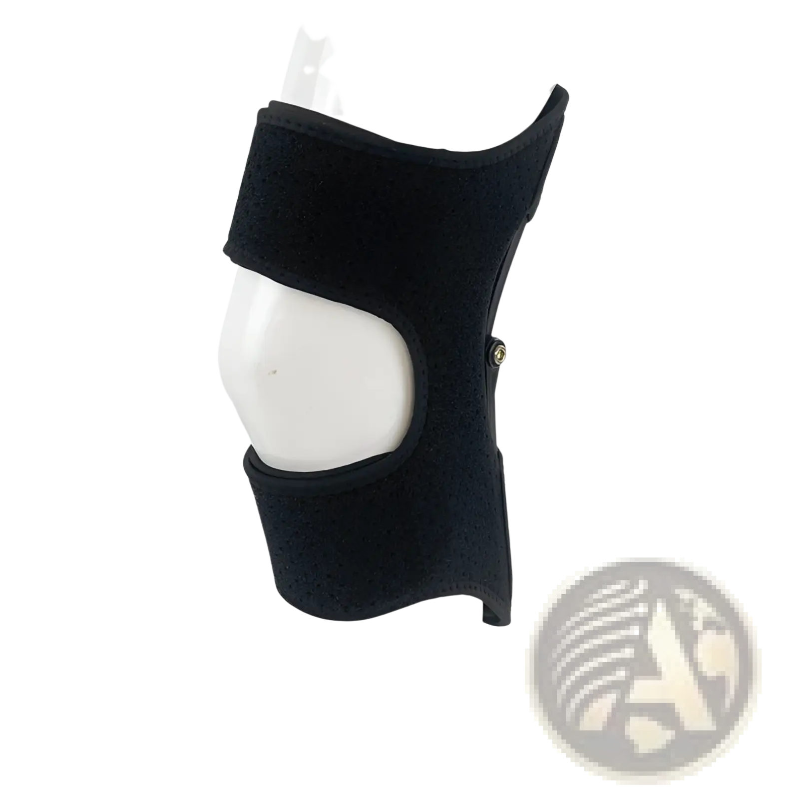 Black neoprene knee booster support with adjustable straps and metal buckle designed for climbing and running