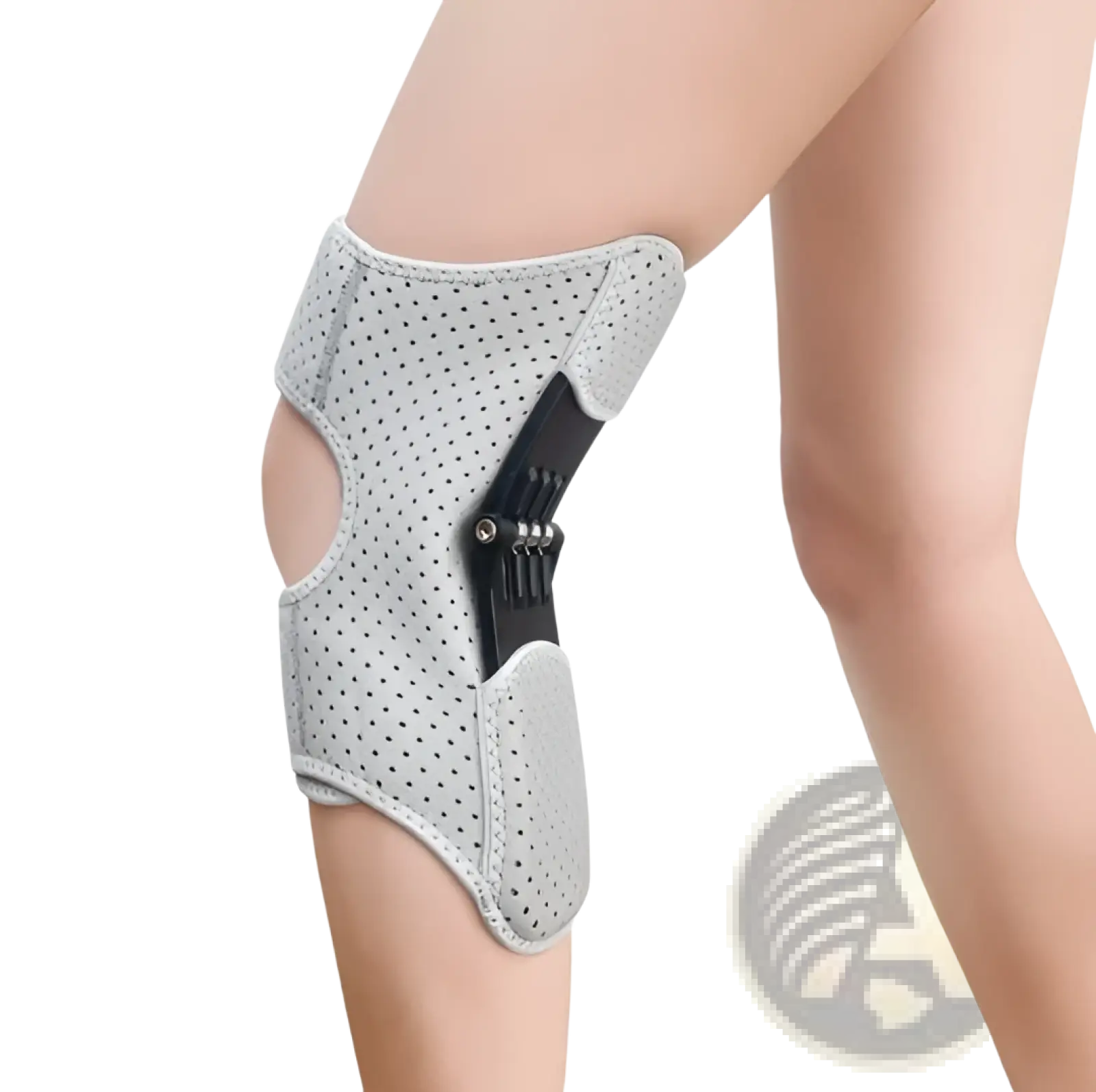 Gray perforated knee booster support with black adjustable hinge mechanism designed for climbing and running