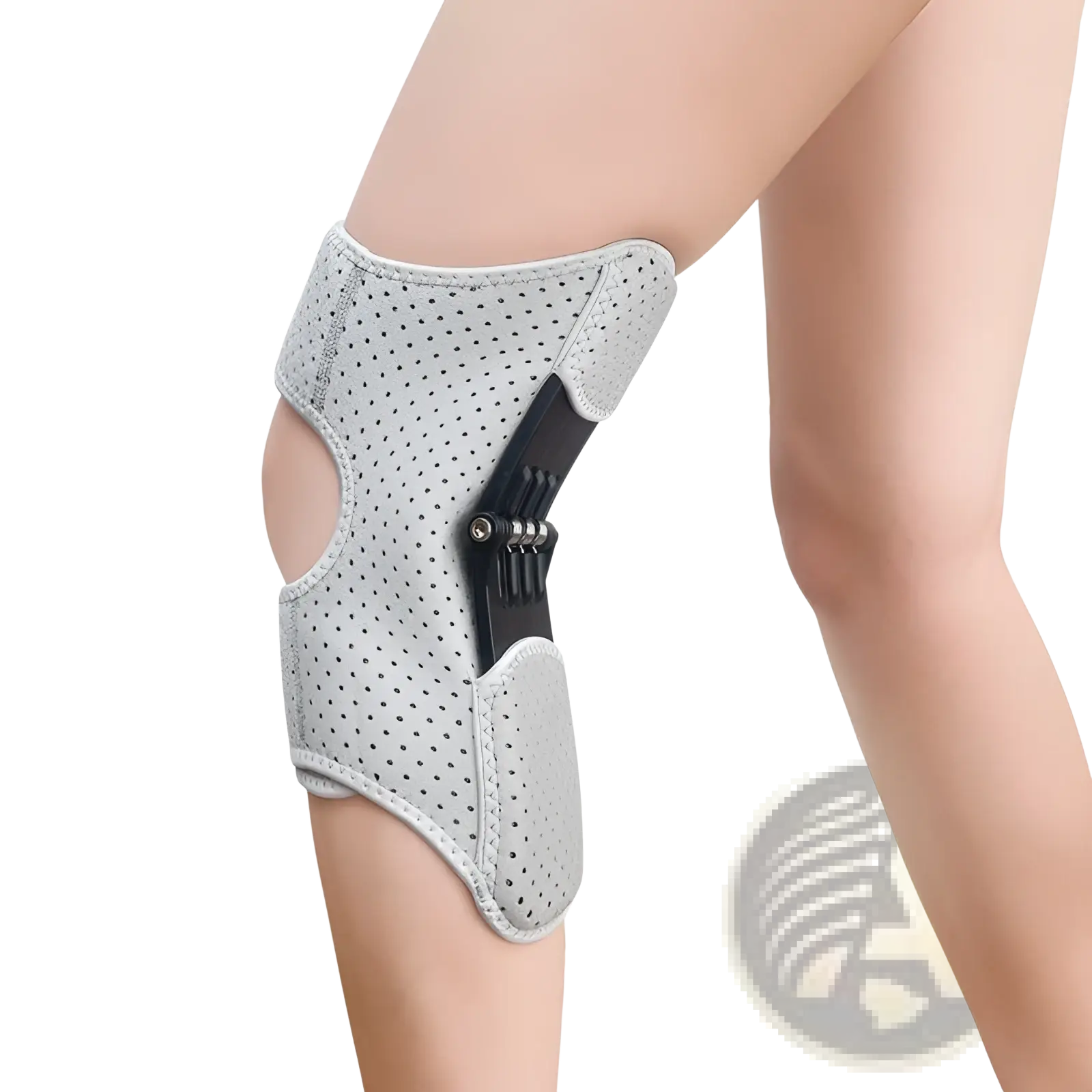 Gray perforated knee booster support with black adjustable hinge designed for climbing and running activities