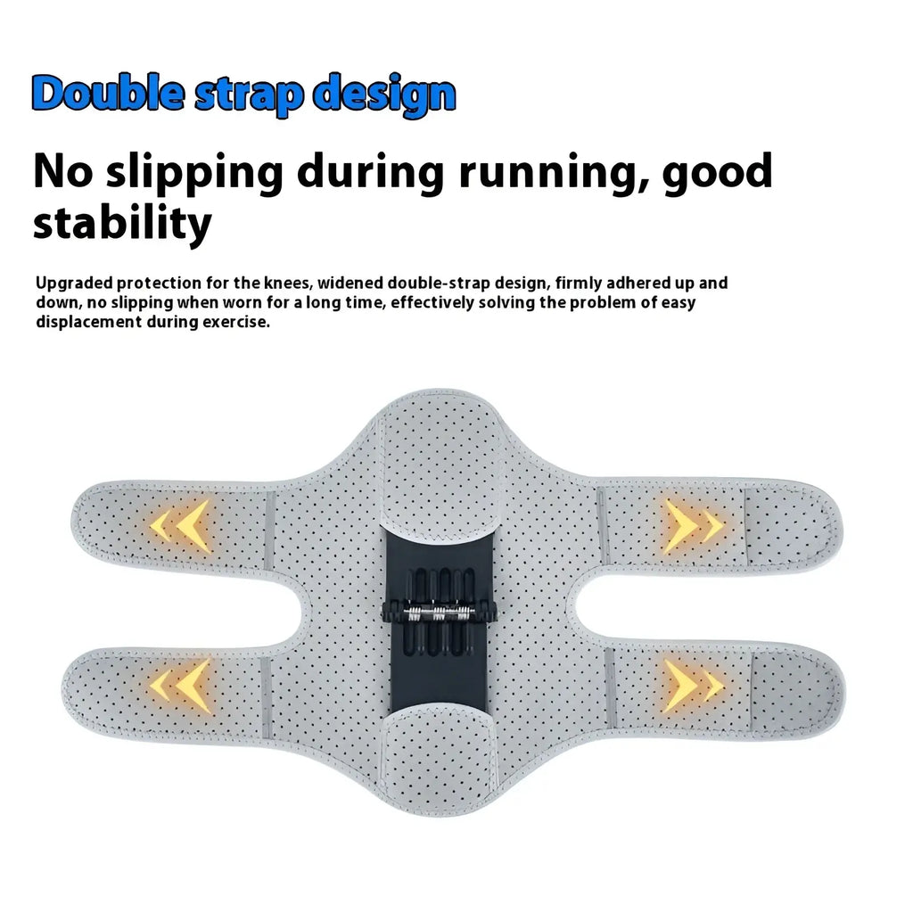 Gray perforated knee booster support with black central mechanism and yellow arrows designed for climbing and running