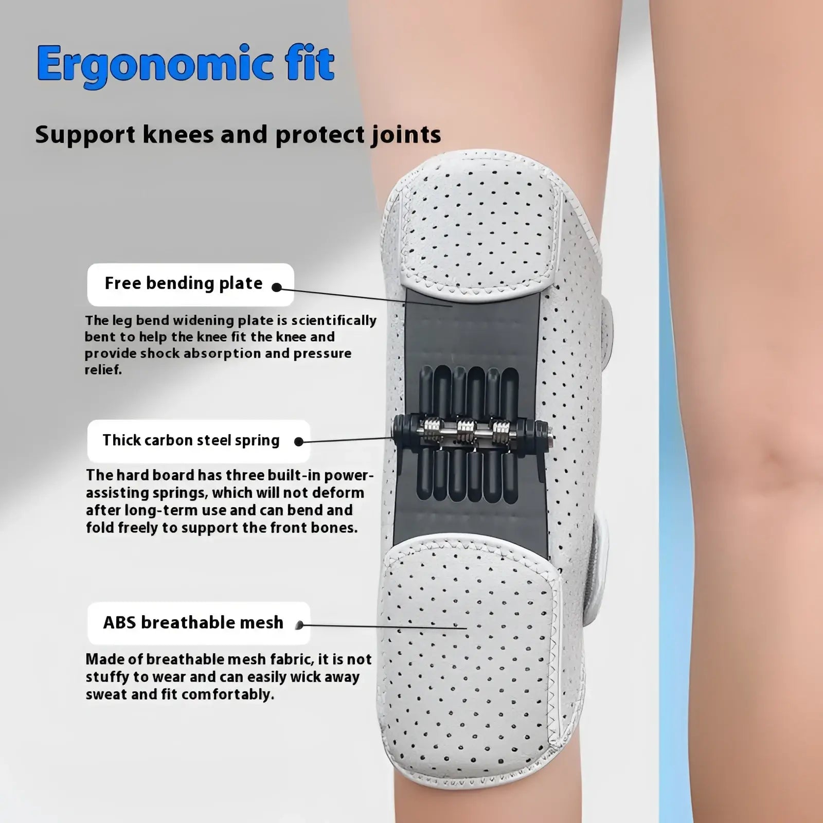 White perforated knee booster support with black carbon steel spring and abs breathable mesh for climbing and running