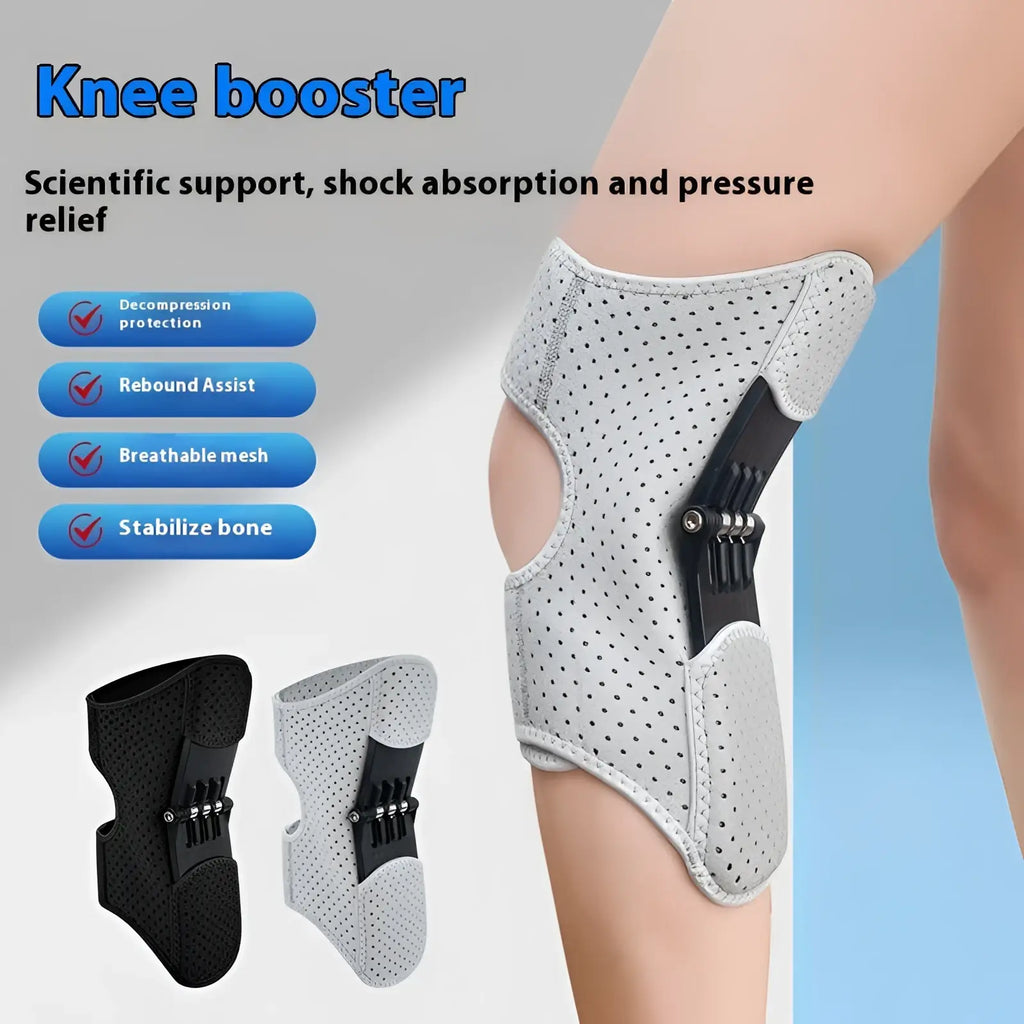 White perforated mesh knee booster support with black adjustable hinge mechanism for climbing and running